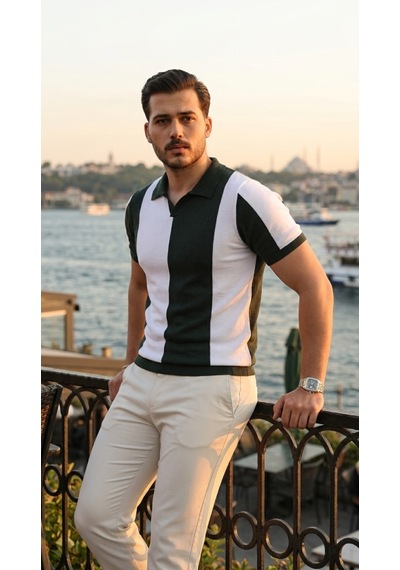 Suma Erkek Kısa Kollu Polo Yakalı Blok Desenli Triko Bluz Yeşil