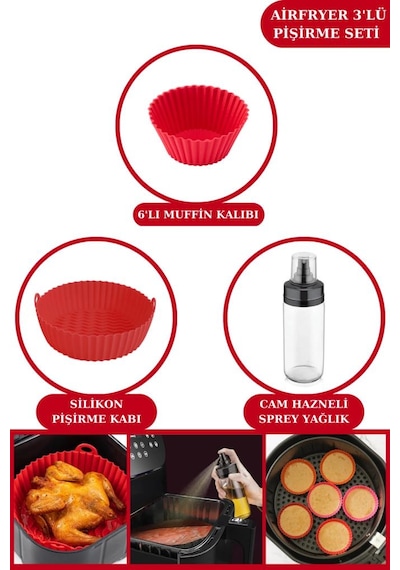 Silicolife Airfryer Pişirme Kabı, 6’lı Muffin Kek Kalıbı ve Sprey Cam Yağlık- Tüm Fritözlerle Uyumlu