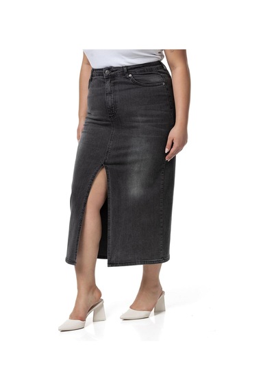 Disentis Büyük Beden Önden Yırtmaç Detaylı Beş Cepli Midi Denim Antrasit Etek-antrasit Antrasit