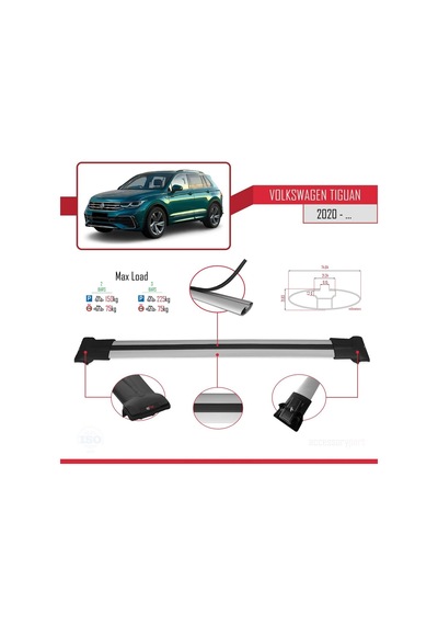 Volkswagen Tiguan 2020-2023 Arası İle Uyumlu Fly Model Ara Atkı Tavan Barı Gri
