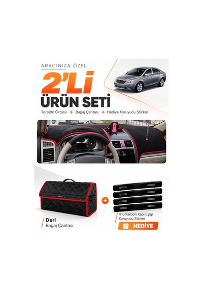 Geely Emgrand Ec7 2009-2014 Uyumlu Torpido Örtüsü + Deri Bagaj Çantası + Sticker - Siyah Kırmızı