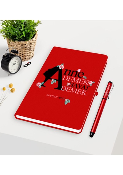 Kişiye Özel Anne Demek Hayat Demek Kırmızı Defter Kalem Seti Kırmızı