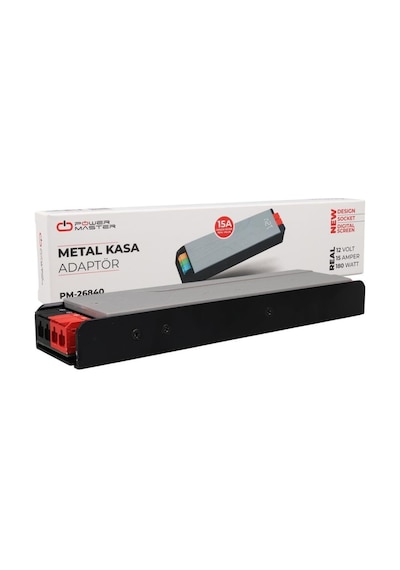Powermaster Pm-26840 12volt 15amper 180watt Slim Metal Kasa Adaptör Voltaj Göstergeli 218x51x27mm