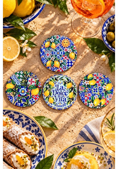 La Dolce Vita Sicilya İtalyan Majolika Çini Desenli Limon Temalı, 4 Lü Bardak Altlığı Set 9 Cm, 3 Mm Ahşap Mdf, Dijital Baskı - 934205522 Diğer