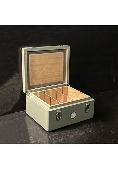 Mezmob İspanyol Sedir Humidor Puro Kutusu Baskı Kilitli Fitilli Haki Yeşil Lake Boya Analog