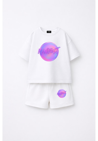 Fasardi Manifest Girls Logo Baskılı Oversize %100 Pamuk Tişört Şort 2li Çocuk Takım Beyaz