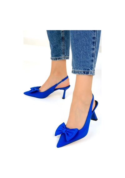 Feles Kurdela Detaylı Arkası Açık Stiletto Kadın Topuklu Ayakkabı MAVİ