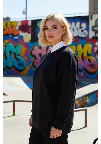 Benerly Kadın Bisiklet Yaka Düşük Kol Oversize Kalıp Sweatshirt Fonksiyon siyah