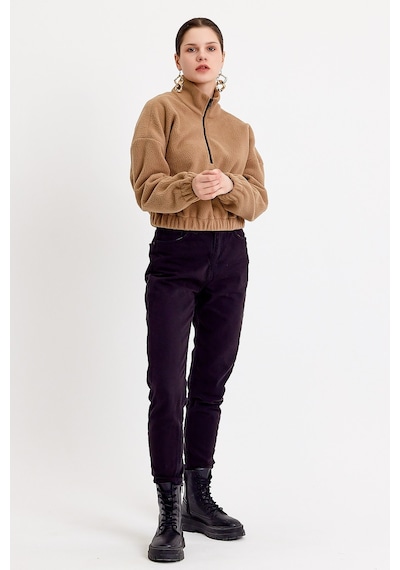 JAHR MARC Bej Crop Fit Kadın Peluş Sweatshirt
