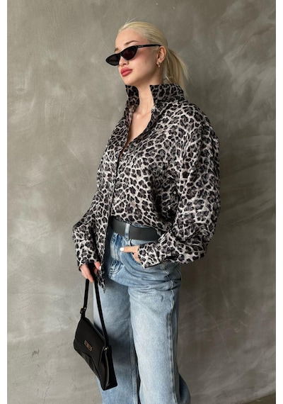 Madmext Siyah Leopar Desen Kadın Gömlek Mg2296 Siyah