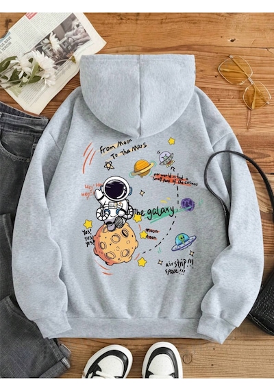Startmore Gri Unisex Kadın/erkek Galaxy Renkli Özel Baskılı Pamuklu Oversize Kapüşonlu
