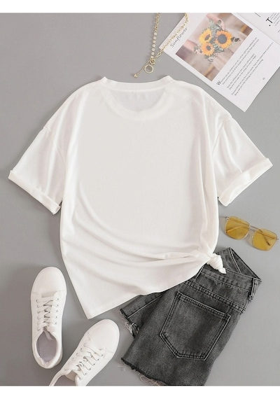Unisex Beyaz Oversize Forever Flower Baskılı Örme T-shirt Beyaz