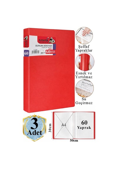 Kırmızı Sunum Dosyası 60 Lı 3 Adet Poşet Dosyalı Katalog Dosyası 60 Poşetli Kendinden Dosya Plastik Kapaklı Kırmızı