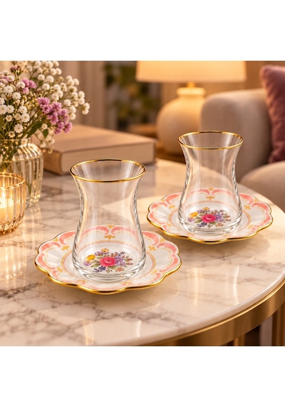 6 Kişilik Çiçek Desenli Gold Detaylı Cam Çay Takımı Şeffaf