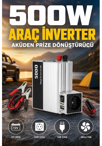 Bay 500w 12v Akü İnverteri 220v Ac Çıkışlı Usb Portlu Fanlı Güç Dönüştürücü Araç Karavan Kullanımı Na
