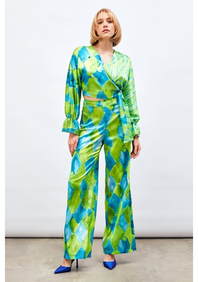 Sateen Yüksek Bel Desenli Pantolon - Mavi