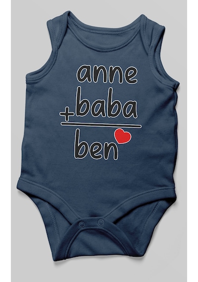Anne Baba Ve Ben Baskılı Bebek Zıbını Çıtçıtlı Body %100 Pamuk Sıfır Kol Lacivert