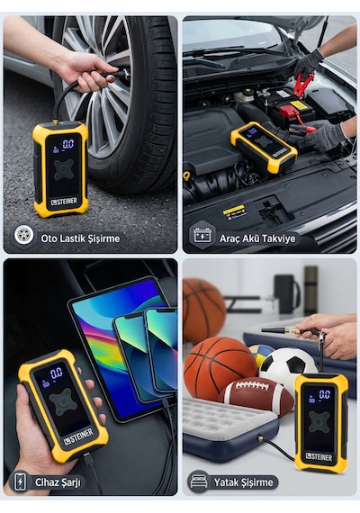 Steiner 16.000 Mah 4'ü 1 Arada 10 Bar Dijital Göstergeli Powerbank Led Fener Şarjlı Akü Takviye Cihazı Hava Kompresörü Sarı