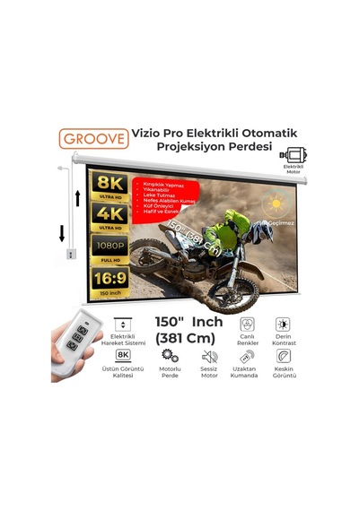 Groove Vizio Pro 150 Inch Blackout Işık Geçirmez Elektrikli Otomatik Kumandalı Projeksiyon Perdesi 332x188cm +motorlu+canlı Renkler+göz Koruması+leke Tutmaz Projector