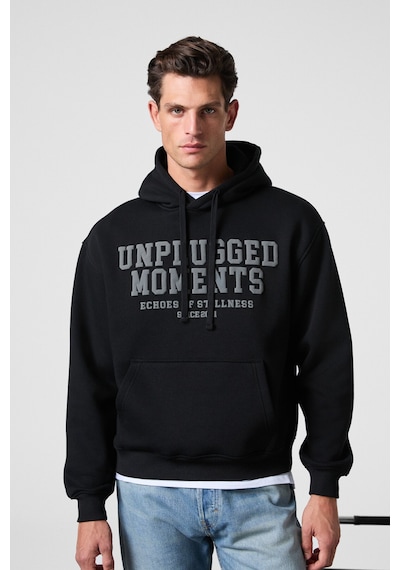 Grımelange Cassıan Erkek Önü Kabaran Baskılı Kapüşonlu Kordonlu Kanguru Cepli Siyah Sweatshirt Siyah