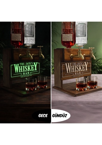 Bk Gift Kişiye Özel Kabartmalı Fosforlu İsimli Çift Musluklu Doğal Ahşap İçki Standı -1, Viski Standı, Ev Barı Aksesuarı Bitmeyencom36671 Bk Gift