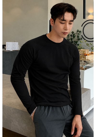 Tarz Cool Erkek Slim Fit Uzun Kollu Bisiklet Yaka Likralı Pamuk Tişört Siyah