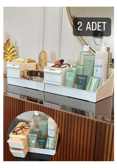 2 Adet Rose Makyaj Organizer - Çekmeceli Katlı Kozmetik Parfüm Kr