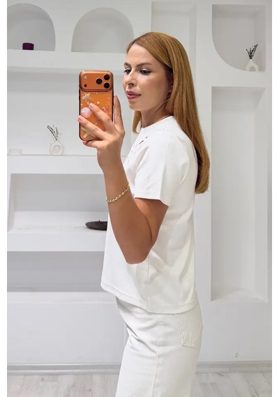 Fiolin Soft Touch Modal Kumaş Nakışlı Lazer Kesim T-shirt Ekru