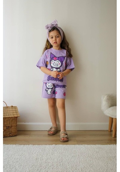 Miniko Kids Kız Çocuk Kuromi Modelli Bisiklet Yaka Pamuk Şortlu Takım Lila