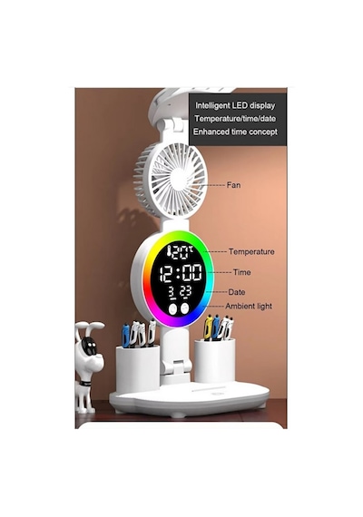 Multifonksiyonel 4 Başlıklı 3 Renk Ve Ton Ayarlı Masa Lambası Kalemlik Saat Takvim Sıcaklık Göstergesi Rgb Led Işıklı 3 Hız Kademeli Vantilatör Fan Telefon Tutucu
