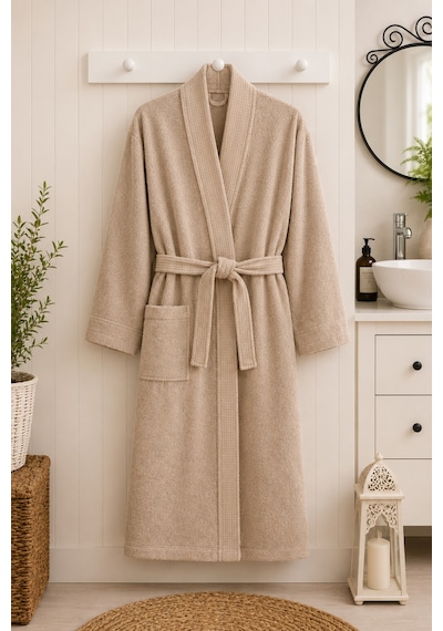 Tokyo Waffle Kimono Bornoz Unisex Spa Ve Otel Bornozu, Pamuklu, Cepli, Yumuşak Dokulu Bej