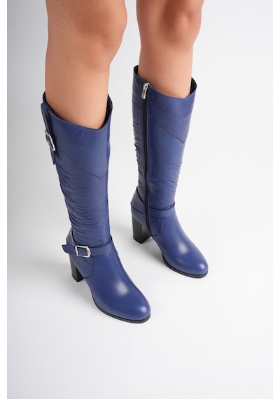 Analin Shoes Kadın Hakiki Deri Körüklü Toka Detaylı Topuklu Çizme Saks Mavi