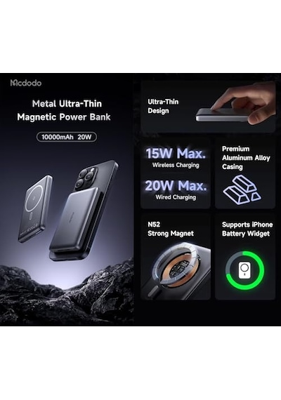 Mc-4651 10000mah 20w Metal Ultra İnce Manyetik Kablosuz Powerbank - Siyah