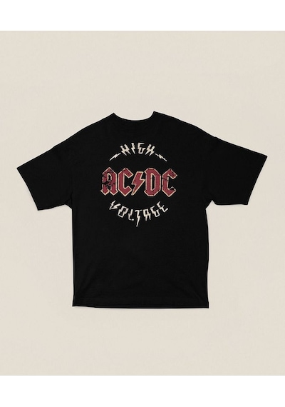 High Ac Dc Voltage Baskılı Unisex Oversize Rock Metal Tişört Siyah