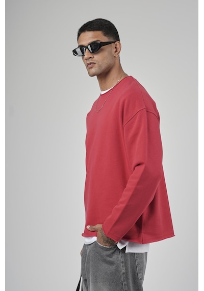 Pis Yaka Oversize Kesim Erkek Düz Sweatshirt Kırmızı