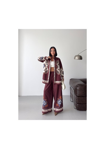 Wellway İthal Chokellaa Kumaş Çiçekli Tunik Gömlek & Pantolon 2li Takım-bordo -26123 Bordo