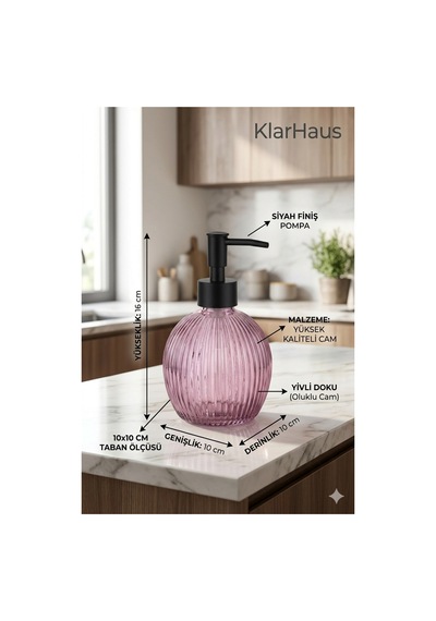 Çizgili Yuvarlak Siyah Pompalı Cam Sıvı Sabunluk - 500ml - 16x10x10 Cm Pembe