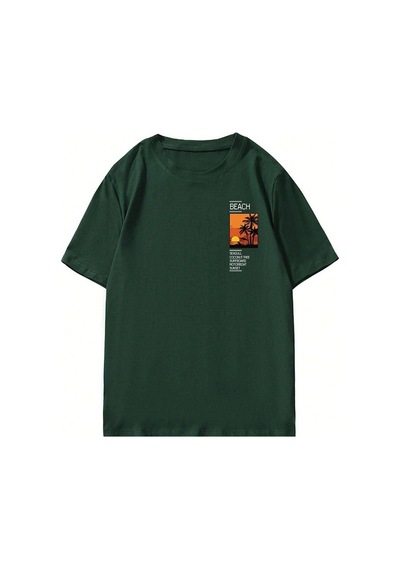 Unisex Nefti Yeşil Oversize Mantenha Baskılı Örme T-shirt Nefti Yeşil