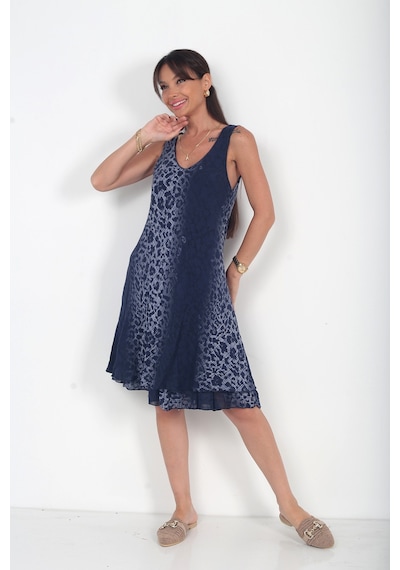 By Saygı Kadın İtalyan Cotton Leopar Desenli Astarlı Sıfır Kol Midi Elbise Lacivert