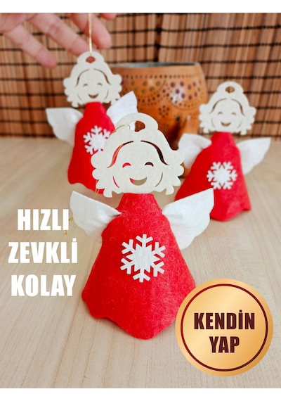 Kendin Yap Keçe Yılbaşı Süsü Kırmızı Melek Figürü, Kolay Montaj, 3 Lü Keçe Melek Seti