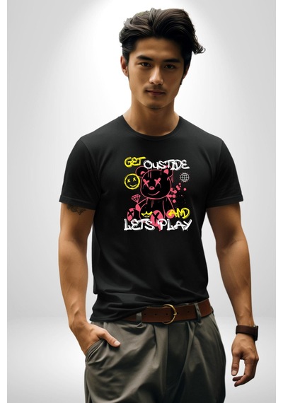 Dışarı Çık Ve Oynayalım Teddy Unisex Unisex Siyah Organik Baskılı T-shirt Penye Yüksek Kalite Siyah