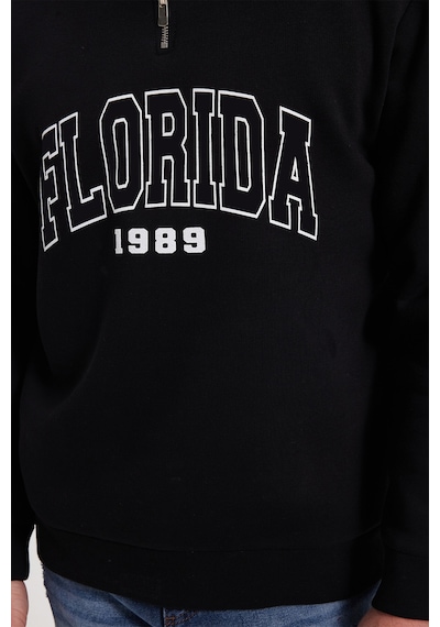 Tudors Erkek Relax Fit Rahat Kesim Pamuklu Yarım Fermuarlı Baskılı Siyah Sweatshirt-42315 Sİyah