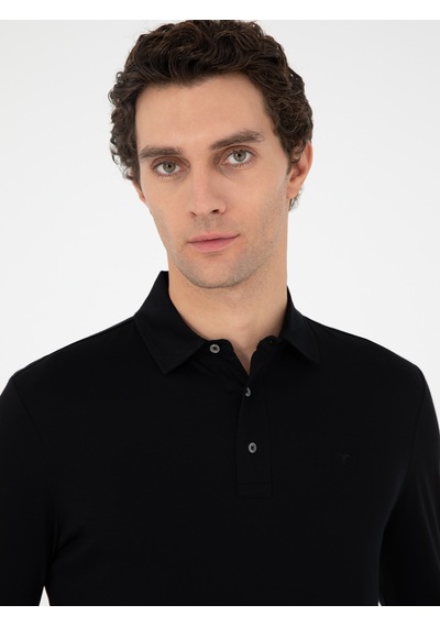 Siyah Regular Fit Polo Yaka Pamuklu Sweatshirt