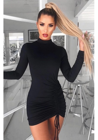 Asfstore Kadın Uzun Kol Sağ Belden Sol Etek Ucuna Doğru Hafif Çapraz Büzgülü Sandy Mini Boy Elbise Siyah