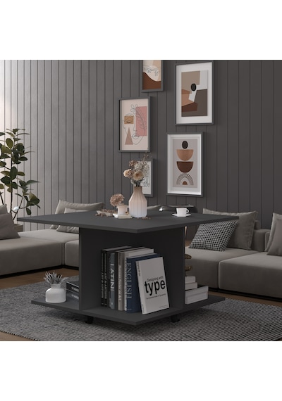 Asra Trend Kare Orta Sehpa OS002 %100 MDF Tekerlekli 4 Bölmeli Raf Takımı Antrasit