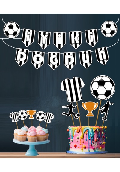 32 Parça Tam Set Futbol Siyah Beyaz Taraftar Doğum Günü Seti Banner Pasta Kürdanı Cupcake Süsü Seti +0