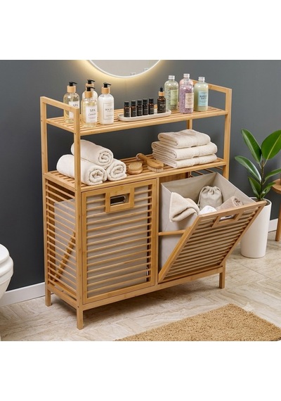 Çok Amaçlı Bambu Banyo Dolabı Düzenleyici Raf Ve Çift Bölmeli Kirli Çamaşır Sepeti