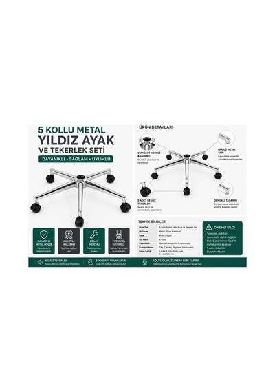 5 Kollu Metal Yıldız Ayak Ve Tekerlek Seti Krom Ofis Koltuğu Ayağı Metalik