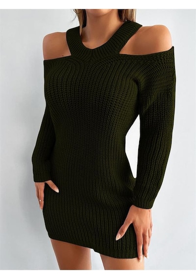 Aqe Fashion Kadın Omuzu Açık Uzun Kollu Midi Boy Tam Kalıp Haki Triko Elbise Haki