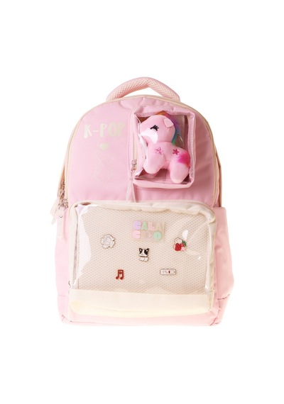 Calacilo Dört Bölmeli Peluşlu K-pop Pink Pembe Peluş Aksesuarlı Pembe Kız Çocuk İlkokul Sırt Çantası - C4107